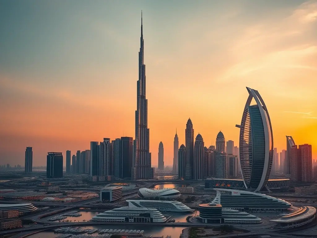 A panoramic view of Dubai's skyline at sunset, highlighting iconic landmarks and modern architecture, symbolizing the city's stability and growth potential for real estate investments.