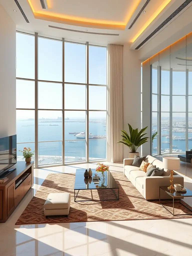 A luxurious penthouse on Palm Jumeirah, featuring panoramic sea views, private beach access, and high-end finishes, targeting high-net-worth individuals.