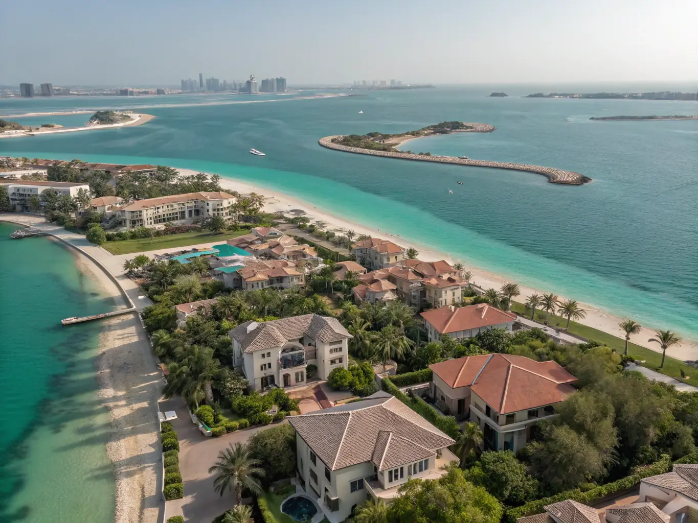 A serene image of Palm Jumeirah, showcasing the unique palm-shaped island with luxury villas, beachfront apartments, and the iconic Atlantis hotel, representing the exclusive and high-end investment opportunities in the area.