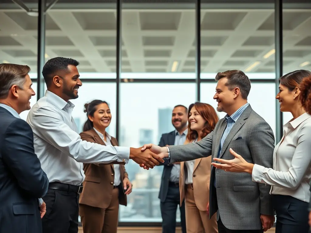 An image of a diverse group of people shaking hands in a modern office setting, representing the collaborative and supportive environment for investors in Dubai's real estate market.