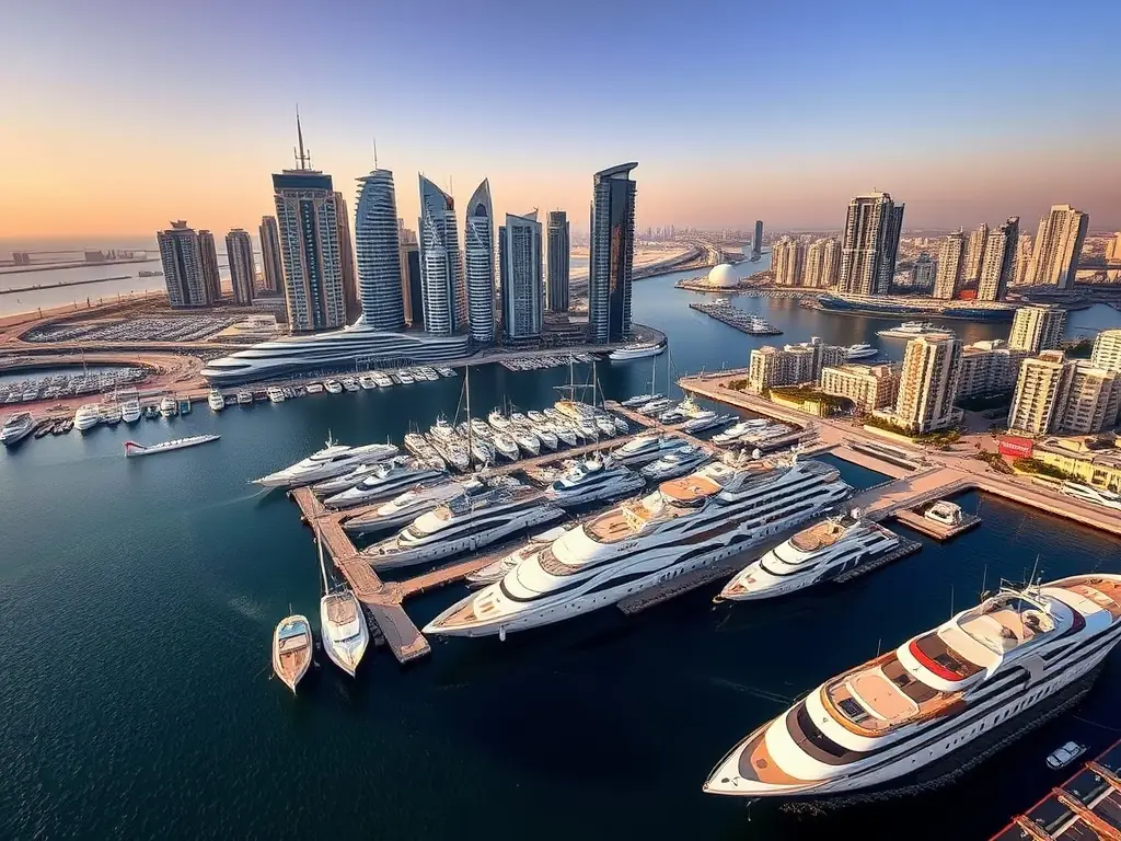 A vibrant image showcasing the modern skyline of Dubai Marina, with luxury yachts docked in the harbor and high-rise residential buildings in the background, representing the upscale lifestyle and investment opportunities in the area.