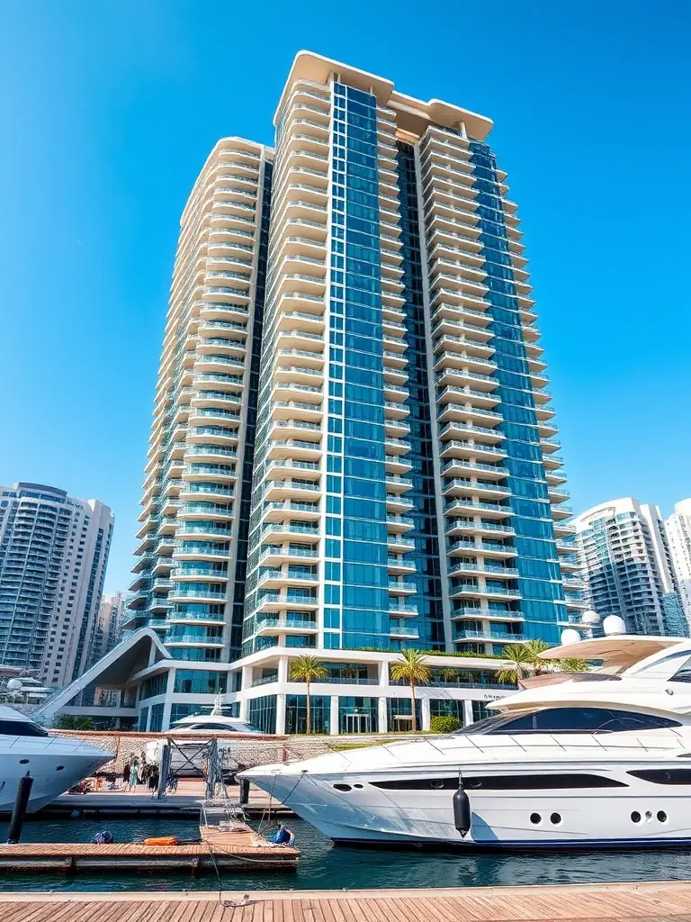 A modern, high-rise residential building developed by Emaar Properties in Downtown Dubai, showcasing sleek architectural design and luxurious amenities.