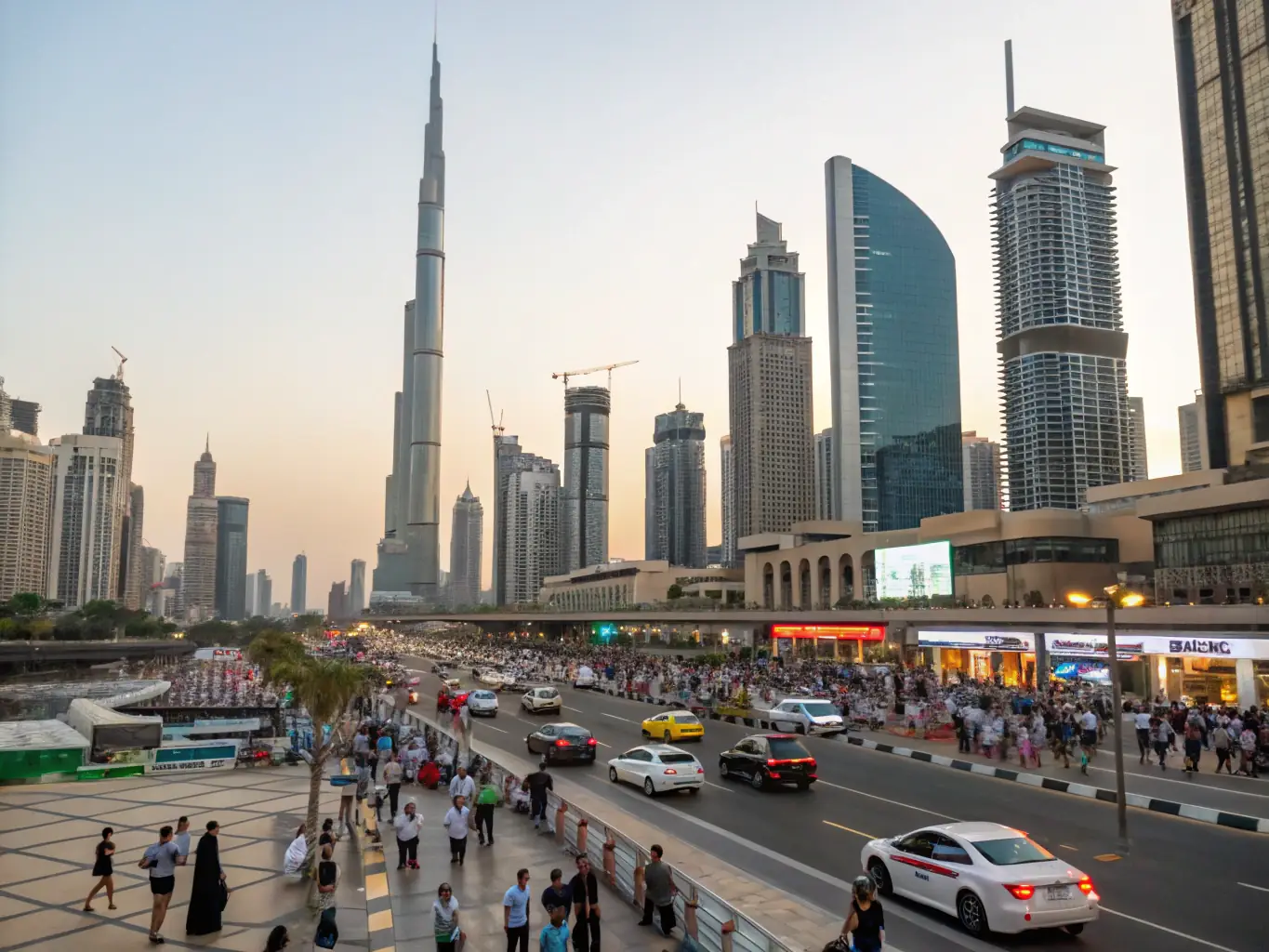 An aerial view of Downtown Dubai, featuring the iconic Burj Khalifa and Dubai Mall, surrounded by modern residential towers and bustling streets, highlighting the area's central location and investment potential.