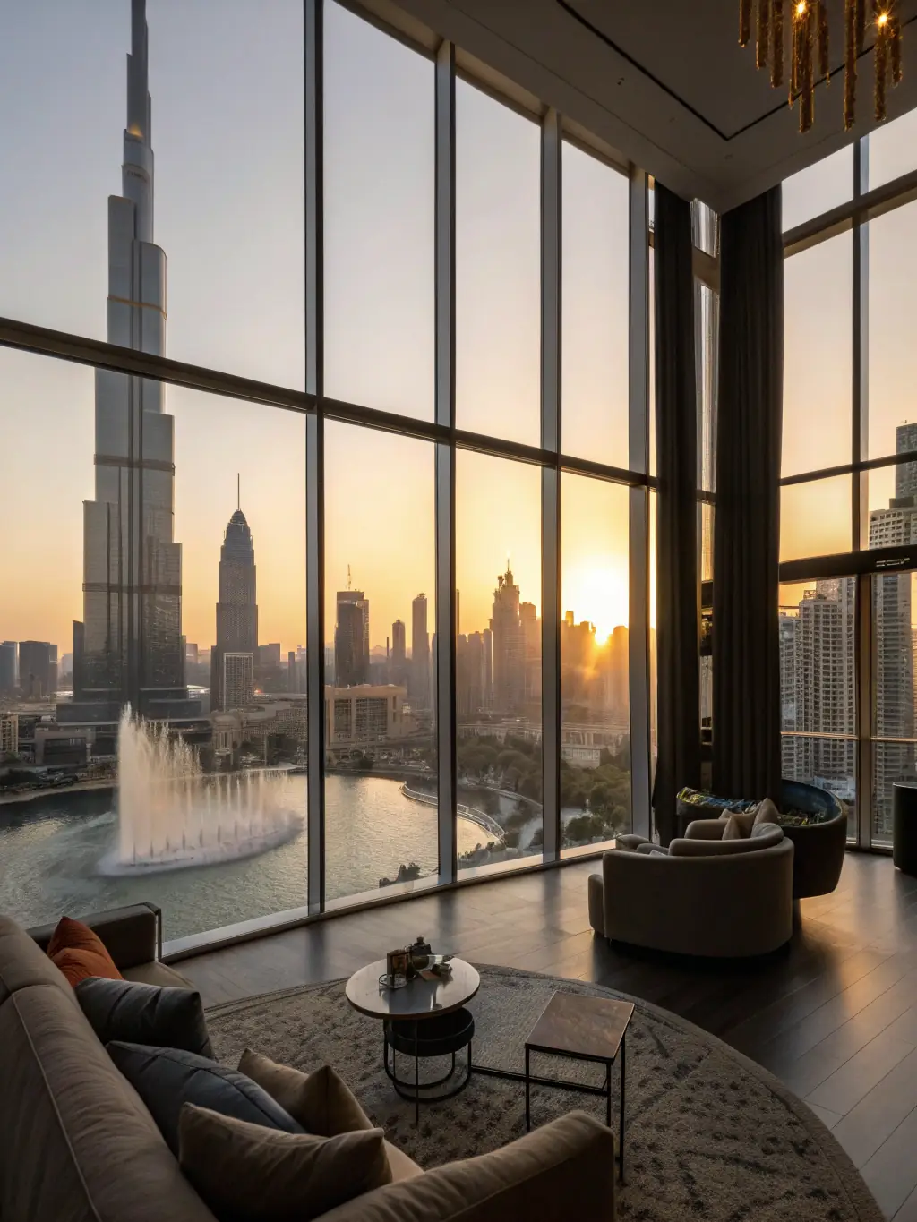 A modern apartment with a balcony overlooking the Dubai Marina skyline at sunset, showcasing luxury living.