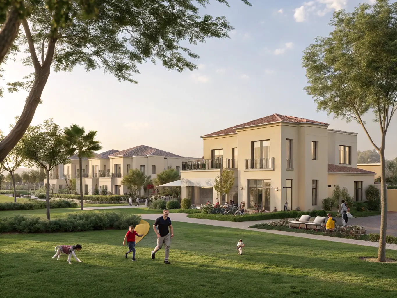 A collection of modern villas in a gated community in Arabian Ranches, featuring spacious layouts, private gardens, and access to community amenities, representing a family-friendly off-plan investment.