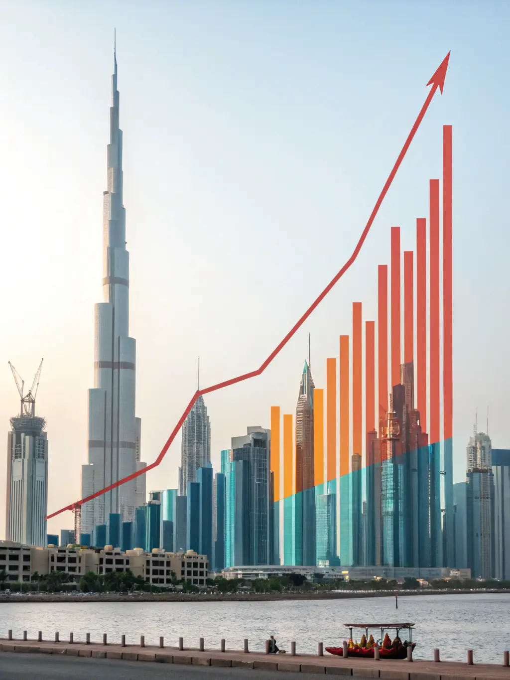 A graph showing the historical performance of Dubai real estate market, with annotations highlighting key trends and investment opportunities.