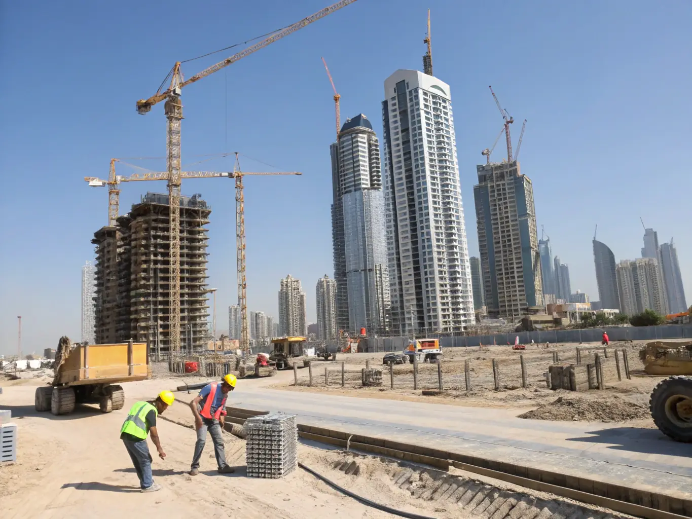 A modern Dubai apartment building under construction, with a focus on the architectural details and the surrounding cityscape, symbolizing off-plan property investment opportunities.